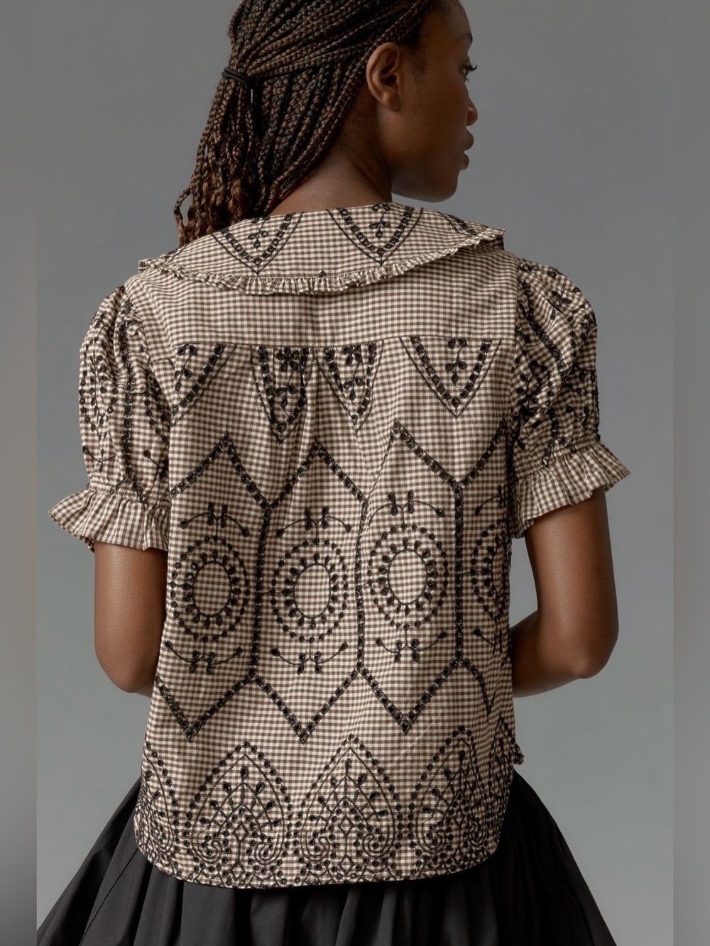 Anthro Pilcro Keira Gingham Blouse
Brown/White w Black Embroidered Eyelet M NWOT - Picture 3 of 12